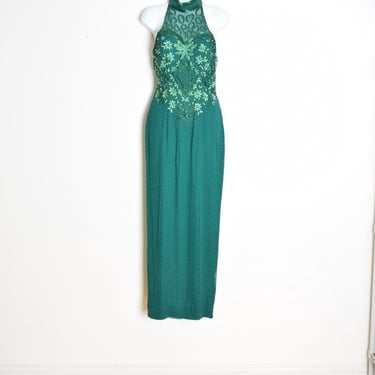 vintage 80s dress Alyce green silk beaded sequin prom cocktail evening gown XS clothing maxi long 