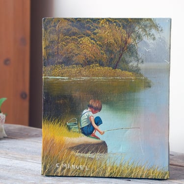 Boy fishing canvas painting / 1970s painting / country scene rural art / country cabin farmhouse /  vintage art / boys room painting 