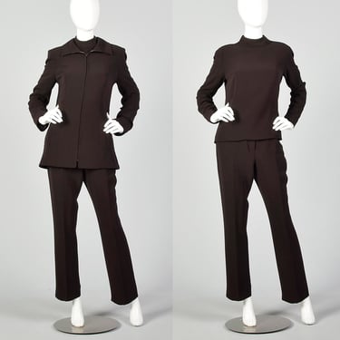 Medium Jacques Fath Brown Suit 1990s Jacket Pants Top Set High Waist Trousers Ensemble 