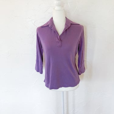 70s Purple Pointed Collar Cotton Jersey Henley Top | Large/Extra Large 