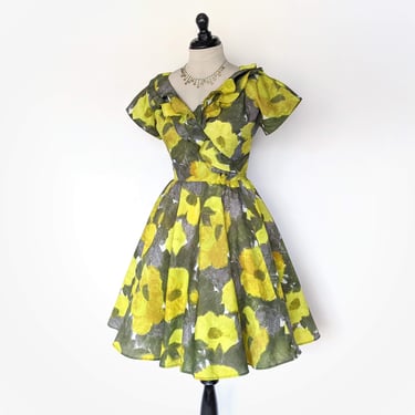 Vintage 1950s Yellow and Gray Floral Day Dress, Vintage 50s Ruffle Neckline Sundress 