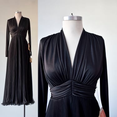 1970s Black Chiffon Gown / 1970s Prom Dress / 1970s black Prom Dress / 1970s Black Maxi Dress / Vintage Maxi Gown 