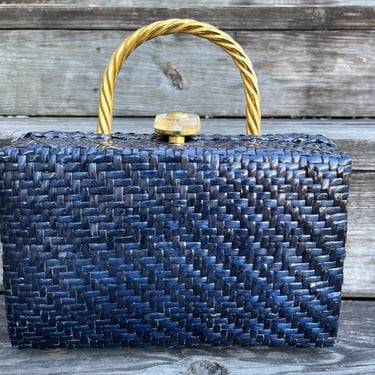 vintage navy basket purse 1960s woven lucite handbag 