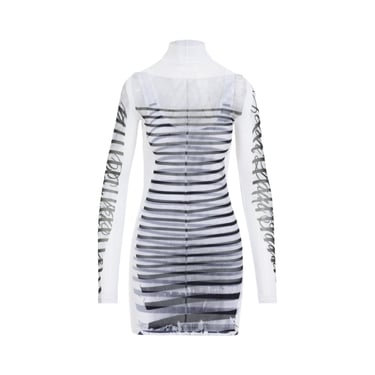 Jean Paul Gaultier Spandex Mesh Printed Feathers Mariniere Mini Dress Women