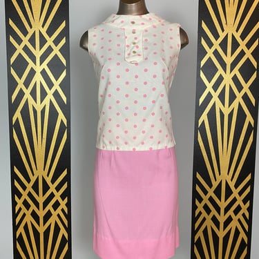 1960s outfit, 2 piece set, vintage 60s skirt set, polka dot, pink and white, barbiecore, x-small, 25 waist, pencil skirt, sleeveless top mod 
