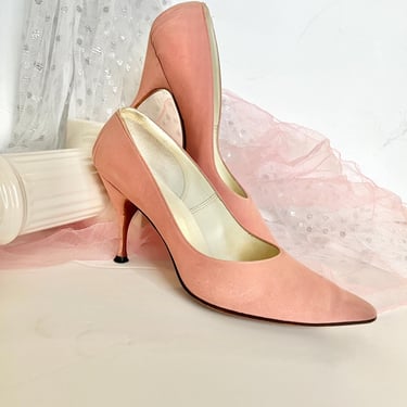 Pink Suede Heels Stilettos, Pumps, Leather, Pointed Toe Shoes, Rockabilly Pin Up, Vintage 50s 60s 