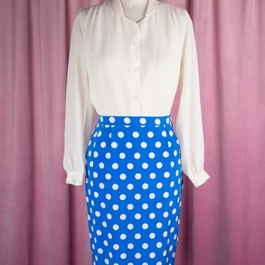 Beautiful Vintage 80s Sky Blue and Ivory 100% Silk Polka Dot Pencil Skirt by Julie Francis 