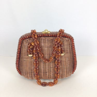 Vintage 60s purse | Vintage brown beaded woven bag | 1960s basket weave handbag 
