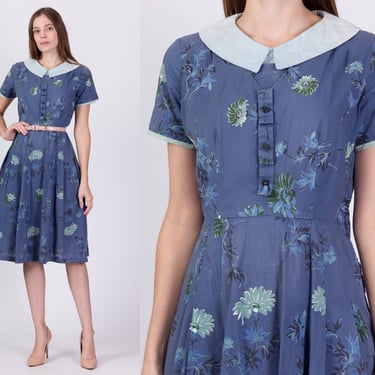 1940s Blue Floral Shirtwaist Midi Dress, As Is - Medium to Petite Large | Vintage 40s Collared Short Sleeve Day Shirtdress 