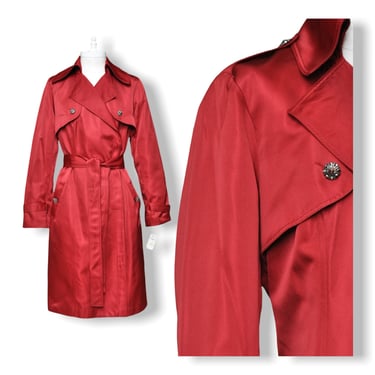 Vintage Cranberry Silk Trench Coat by Teri Jon Women’s Belted Dress Coat with Black Rhinestone Buttons 