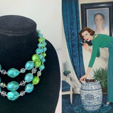 Company's A Callin - Vintage 1950s 1960s Aqua Turquoise Muted Pearl Bead 3 Strand Necklace 
