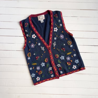 embroidered sweater vest | 90s vintage navy blue cottagecore floral crewel embroidery cotton sleeveless sweater 
