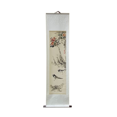 Chinese Color Ink Birds Pink Flower on Tree Scroll Painting Wall Art ws2001E 