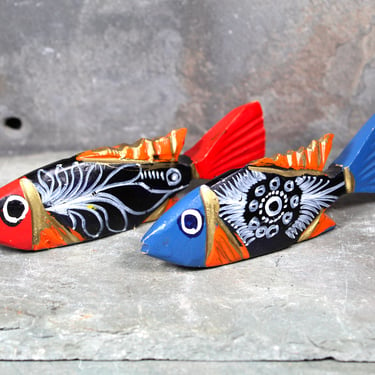 African Hand Carved Wooden Fish Figurines | Set of 2 Hand Painted Fish 