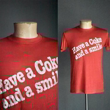 Vintage Red 1980s Coke Tshirt / Have a Coke and a Smile Tshirt / Thin Red 80s Soft Broken In Tshirt / Single Hemline 80s Tee Medium 