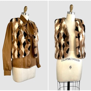 HARLEQUIN ROMANCE Vintage 60s Mink Vest | 1960s RM Taylor Furs, Diamond Pattern Patchwork Fur Top Jacket | 70s 1970s Glam Boho Mod | Small 
