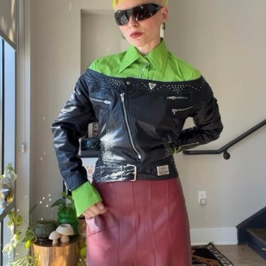 VTG 90s Punk Leather Off the Shoulder Moto Top with Corset Detail 