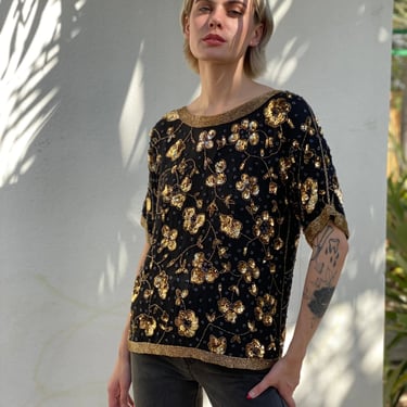 Sequin Silk Blouse / Spotted Leopard Gold and Black Sequin shirt / Sequined  Blouse / Stage Wear / High Fashion / Holiday Party Top 