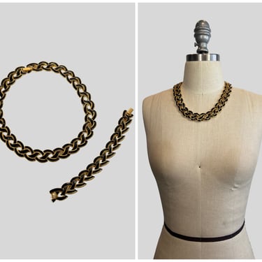 NAPIER Vintage 1980s 1990s Chunky Chain Necklace and Bracelet Set | Gold Plated Black Chain Necklace | Versace Style Jewelry 