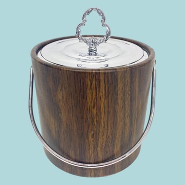 Vintage Ice Bucket Retro 1970s Mid Century Modern + Irwinware + Brown Woodgrain Vinyl + Silver Metal Top + Ice Storage + Barware + Serving 