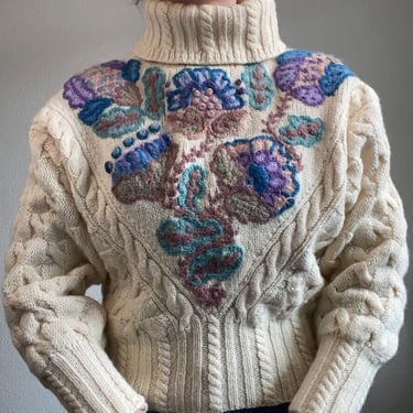 Vintage Hand Knit Wool Fisherman Turtleneck Floral Embroidered Chunky Sweater S 