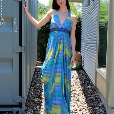 Vintage 1990s BCBG Max Azria Halter Maxi Dress, Evening Gown, Size 0 Women, shades of blue green metallic silk chiffon 