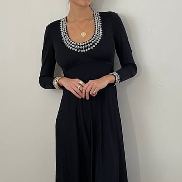 70s rhinestone dress / vintage black jersey knit embellished scoop neck long sleeve babydoll empire swing maxi dress | S 