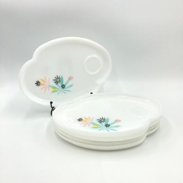 Atomic Flower, Federal Glass Co, Snack Plate & Cup Sets, Milk Glass Plates, Aqua, Pink, Yellow, Black, Floral, 50s, Retro Style 
