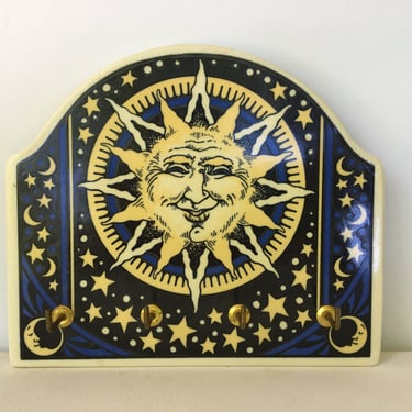 Sun Face Ceramic Hanging Key Holder, Celestial Wall Plaque With Hooks, Necklace Holder, Sun And Stars, Blue And Yellow 