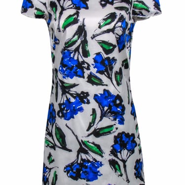 Milly - Blue, Green & White Painted Floral Cap Sleeve Shift Dress Sz 8