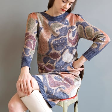 rare jacquard knit puff shoulders sweater dress / XS S 
