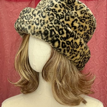 Glam Leopard Print Hat, Faux Fur, Animal Print Cheetah, Bucket Style, Vintage 90s 