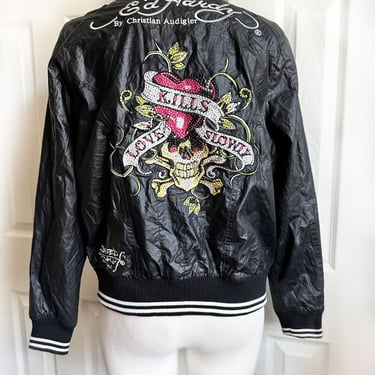 Vintage Ed Hardy By Christian Audigier Black Jacket Members Only Baseball Style Y2K, 1990's LARGE Love Kills Slowly Rhinestones Faux Leather 