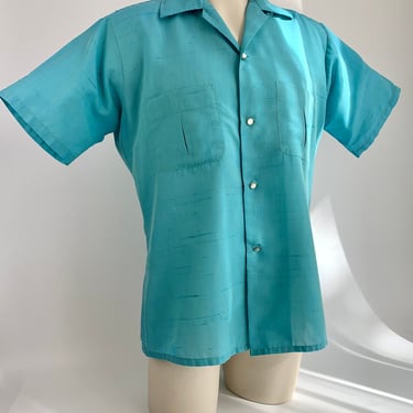1950's - Early 60's Aqua Shirt - Loop Collar - ARROW - Poly Blend - Made in the USA - Men's Size Medium 