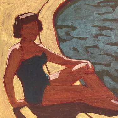 Woman by Pool #2 - Original Acrylic Painting on Canvas 10 x 10, retro, michael van, pinup, one piece, gallery wall, modern, bathing suit 