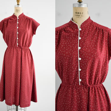 1970s Dark Red Polka Dot Dress 