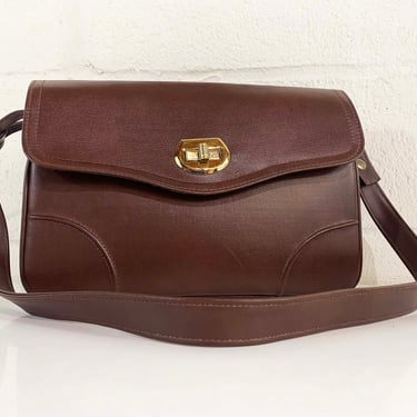Vintage Handbag Bag Faux Leather 1970s 1960s Purse Satchel Brown Gold Grants Structured Evening Minimalist Minimal 