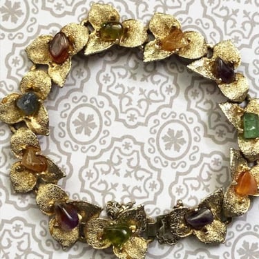 Vintage Multi Gemstone Gold Tone Metal Bracelet, Leaf Style Bracelet, Holiday gift, Engagement Jewelry, Jewelry Collection, by LeChalet