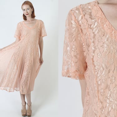 Peach See Through Grunge Dress 90s Sheer Full Skirt Gypsy Outfit Vintage Romantic Lightweight Sundress Maxi 
