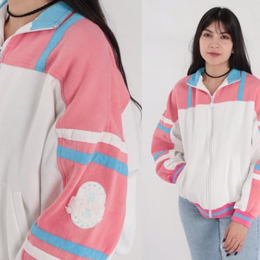 Adidas Track Jacket 90s Zip Up Sweatshirt White Pink Blue Striped Color Block Warmup Retro Streetwear Athleisure Girly Vintage 1990s Large L 