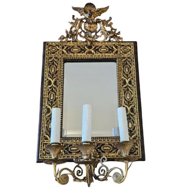 Antique Gilt Bronze Mounted Mirror Wall Sconce Electrified Candle Lamp Girandole 19th Century 