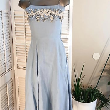 Gorgeous 50s Blue Dress / Hand Set Rhinestones / Pearls / Silver Chain Straps / Glam / Pinup 