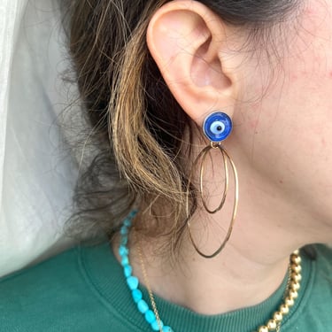 Blue Glass Evil Eye Studs with 14k Goldfilled Floating Hoops 