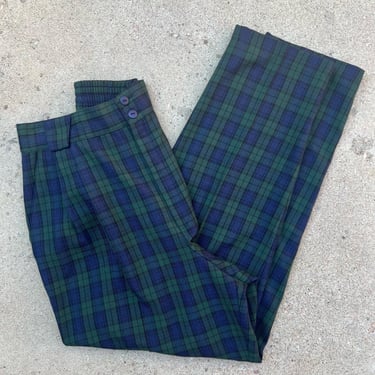 Vintage 90s Blue & Green Plaid Flannel High Rise Trouser Pants 14 