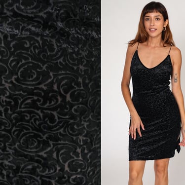 Velvet Mini Dress 90s Black Burnout Velvet Party Dress V Neck Tight Bodycon Sleeveless Sheath 1990s Cocktail Vintage Minidress Small S 