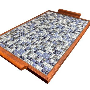 Midcentury Blue Square Mini Tile Wood Tray 
