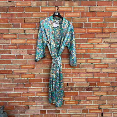 vintage 80s blue bow print satin bath robe / m medium 