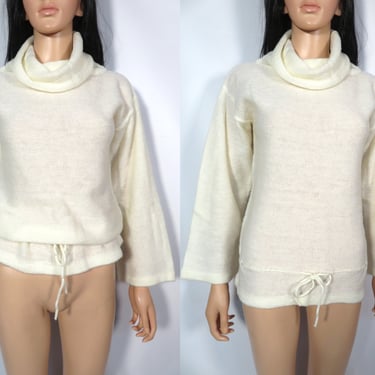 Vintage 70s Ivory Knit Bell Sleeve Drawstring Cowl Neck Sweater Size M/L 