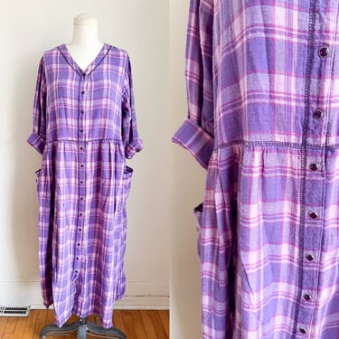 Vintage Cotton Flannel Plaid Dress / M-L 