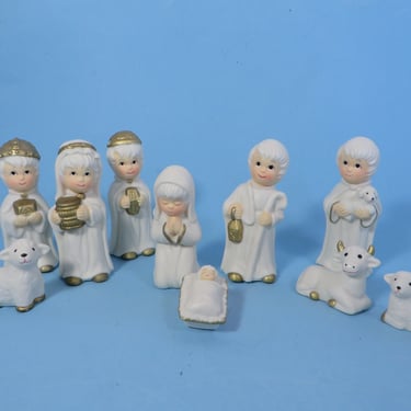 Vintage Porcelain Child's Nativity Set -  Set of 11 Bisque Porcelain Nativity Figures 